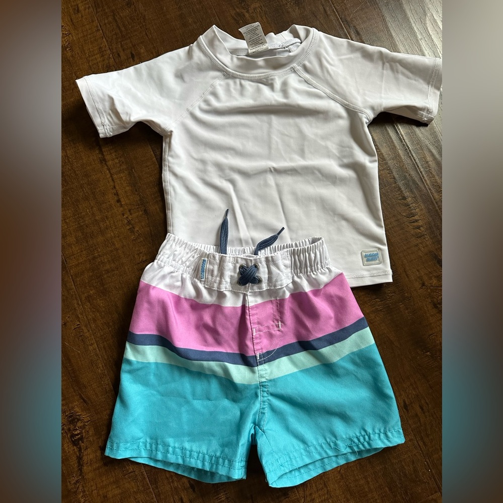 RUGGEDBUTTS 18-24 months white shirt sleeve Rash Guard with swim trunks